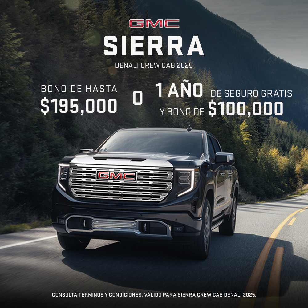 GMC Sierra Denali Crew Cab destaca en diseño, potencia y tecnología para que tengas el control total del camino. 